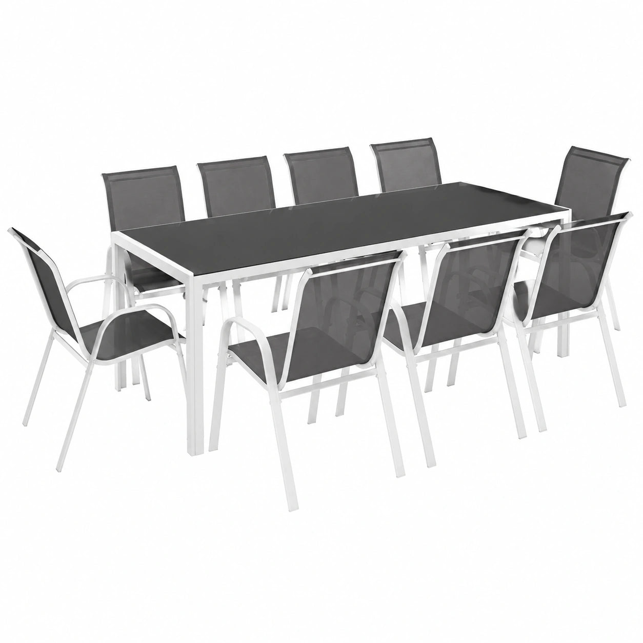 Conjunto de Jardín Madrid: Mesa de 240 cm y 10 Sillas Apilables en Blanco y Gris