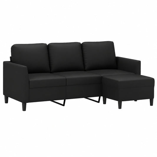 Sofá de Tres Plazas con Taburete en Cuero Sintético Negro - 180 cm
