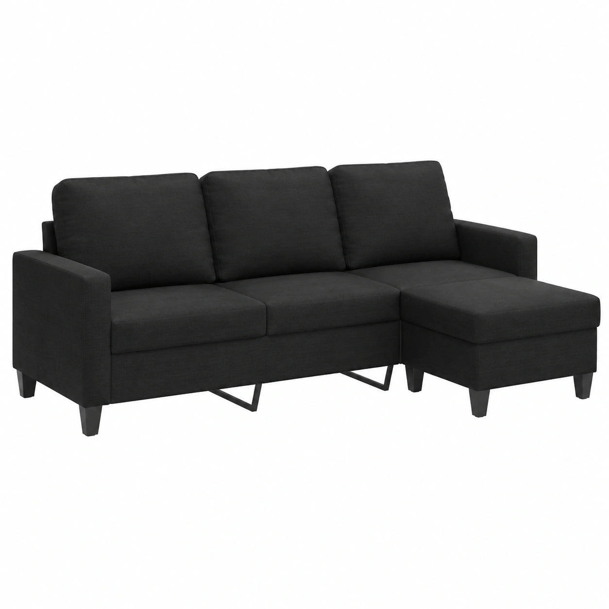 Sofá de 3 Plazas con Taburete, Tela Negra, Ideal para Salón