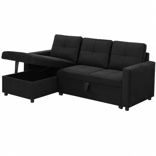 Sofá Cama Chaise Longue 3 Plazas Negro de Terciopelo - Reversible con Almacenaje - Diseño Elegante y Robusto