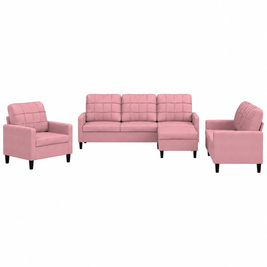 Conjunto de Sofás Modernos de Terciopelo Rosa, Estructura de Metal, 4 Piezas, Incluye Sillón, Sofá de 2 y 3 Plazas, y Reposapiés