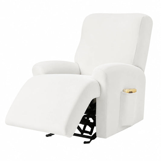 Funda Elástica para Sillón Relax de Terciopelo con Bolsillos Laterales, 4 Piezas, Antideslizante y Lavable, Color Blanco