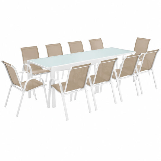 Conjunto de Jardín Extensible Madrid con 12 Sillas Apilables en Blanco y Beige