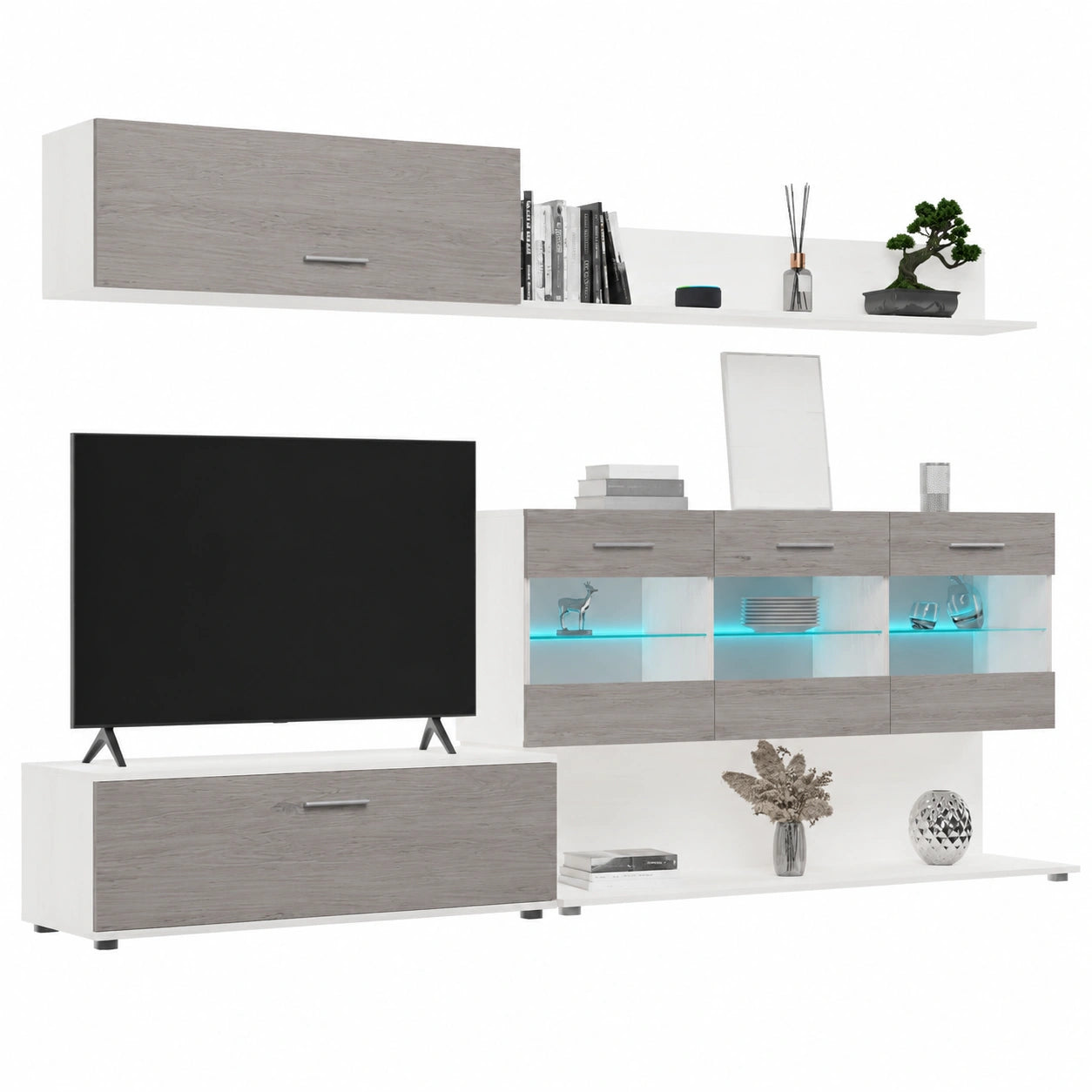 Mueble de Salón Moderno con Luces LED - Modelo Flora en Pino Andersen y Gris, 250x115x40 cm
