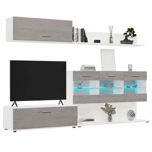 Mueble de Salón Moderno con Luces LED - Modelo Flora en Pino Andersen y Gris, 250x115x40 cm
