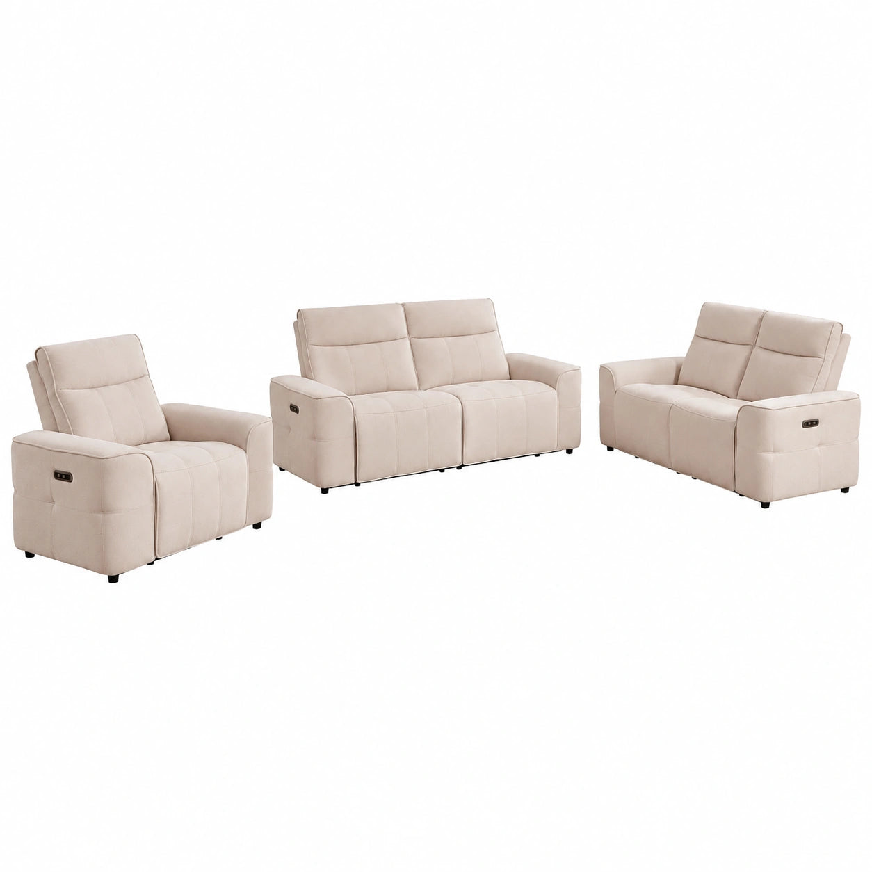 Sofá de Chenilla Beige SCAMOCO: Conjunto 3+2 Plazas y Sillón Relax Eléctrico